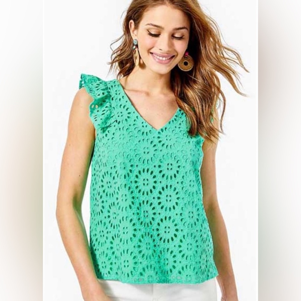 Lilly Pulitzer- Lina Ruffle Eyelet Top- Gustavia Green- Small- Like‎ New!